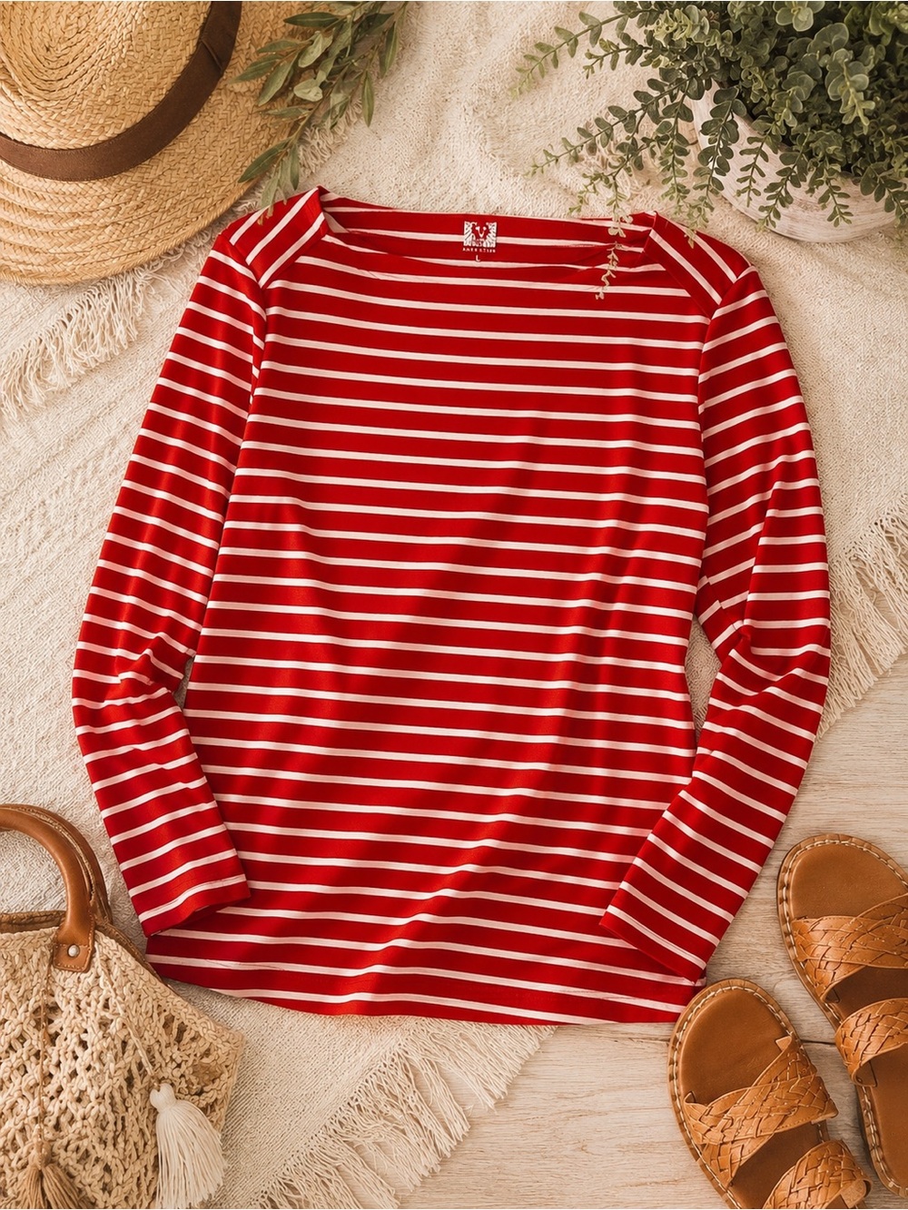 Anne Klein Red & White Stripe Top Size L Boatneck